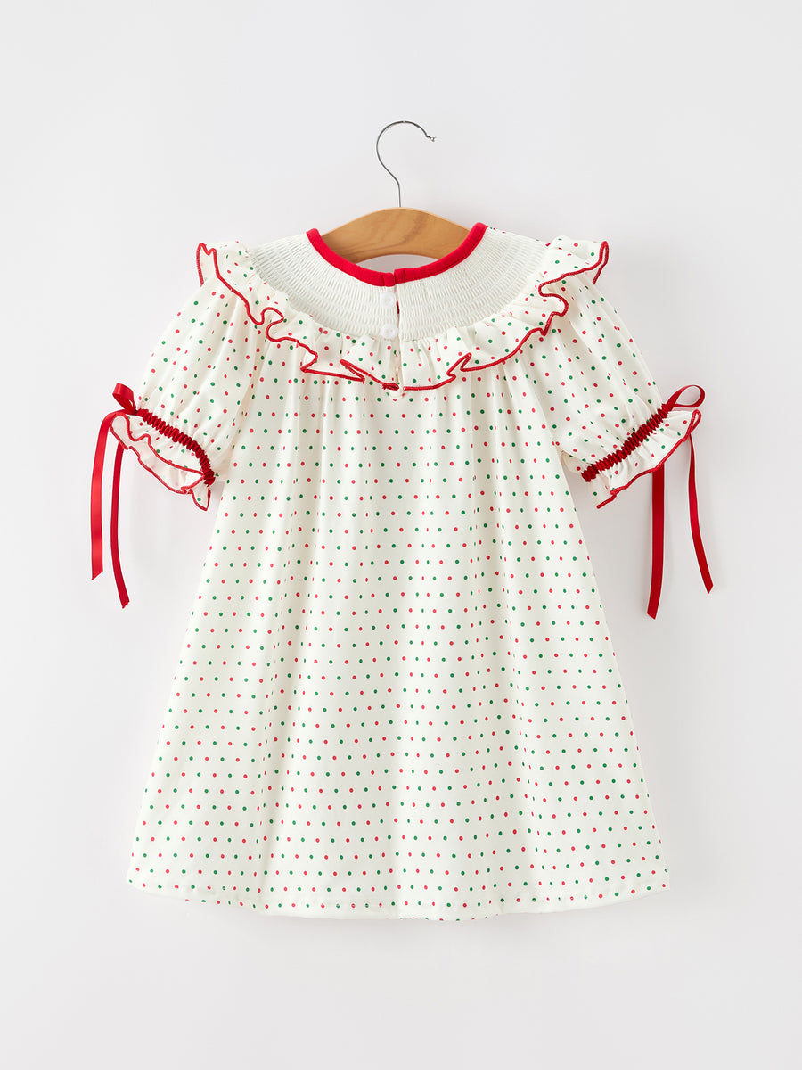 Christmas Dot Girls Dress Smocked Ruffle Collar