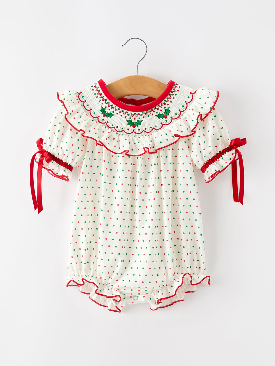 Christmas Dot Smocked Girls Romper Ruffle Collar