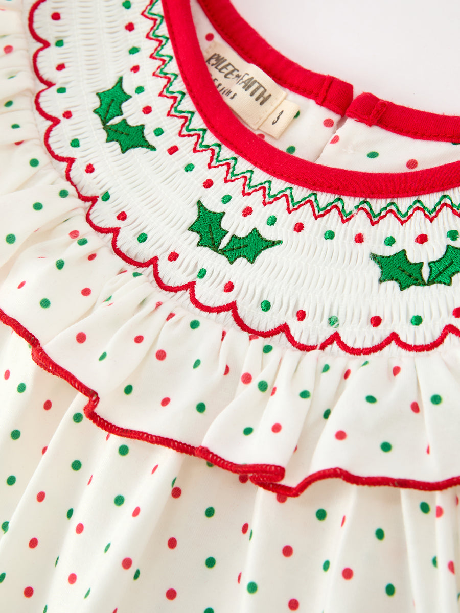 Christmas Dot Girls Dress Smocked Ruffle Collar