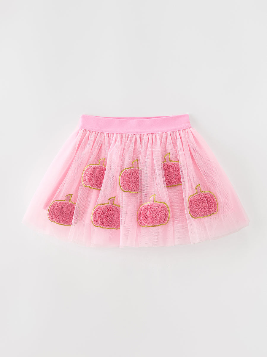 Fall Girls Pink Pumpkin Appliqué Tulle Skirt