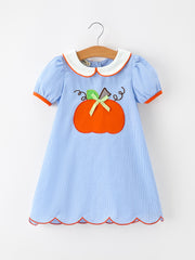 Fall Girls Plaid Pumpkin Appliqué Peter Pan Collar Dress
