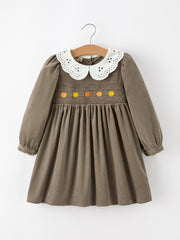 Fall Girls Pumpkin Smocked Eyelet Collar Corduroy Dress
