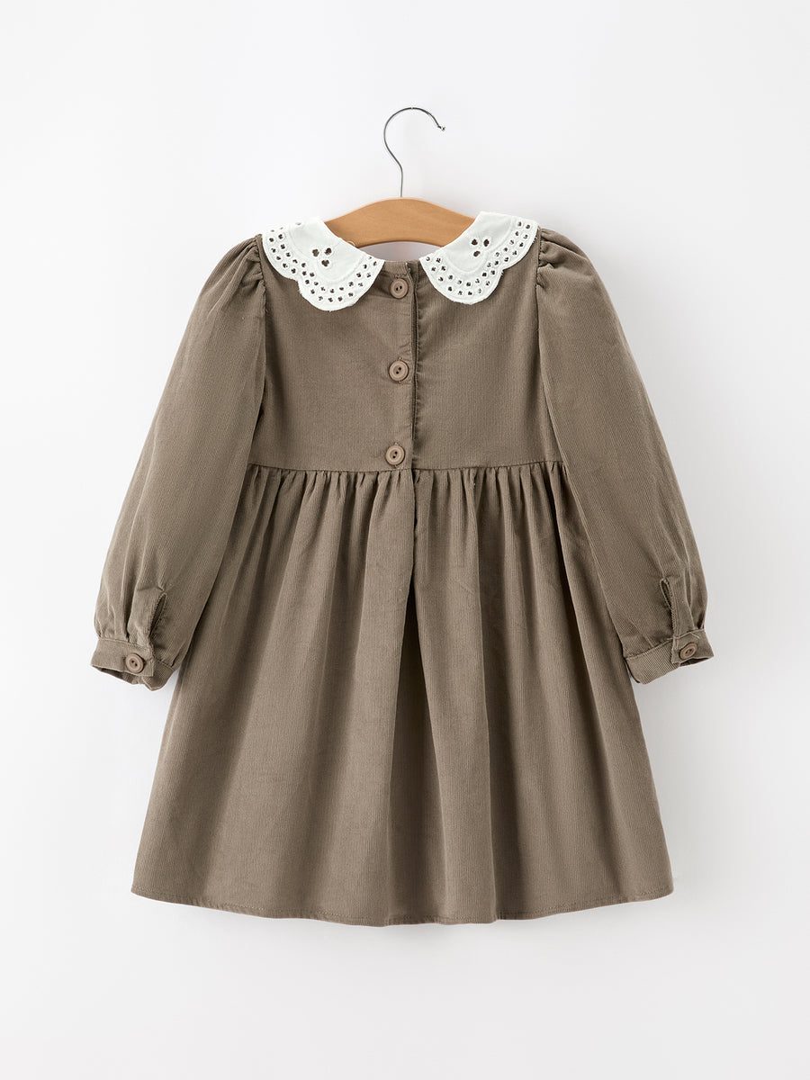 Fall Girls Pumpkin Smocked Eyelet Collar Corduroy Dress