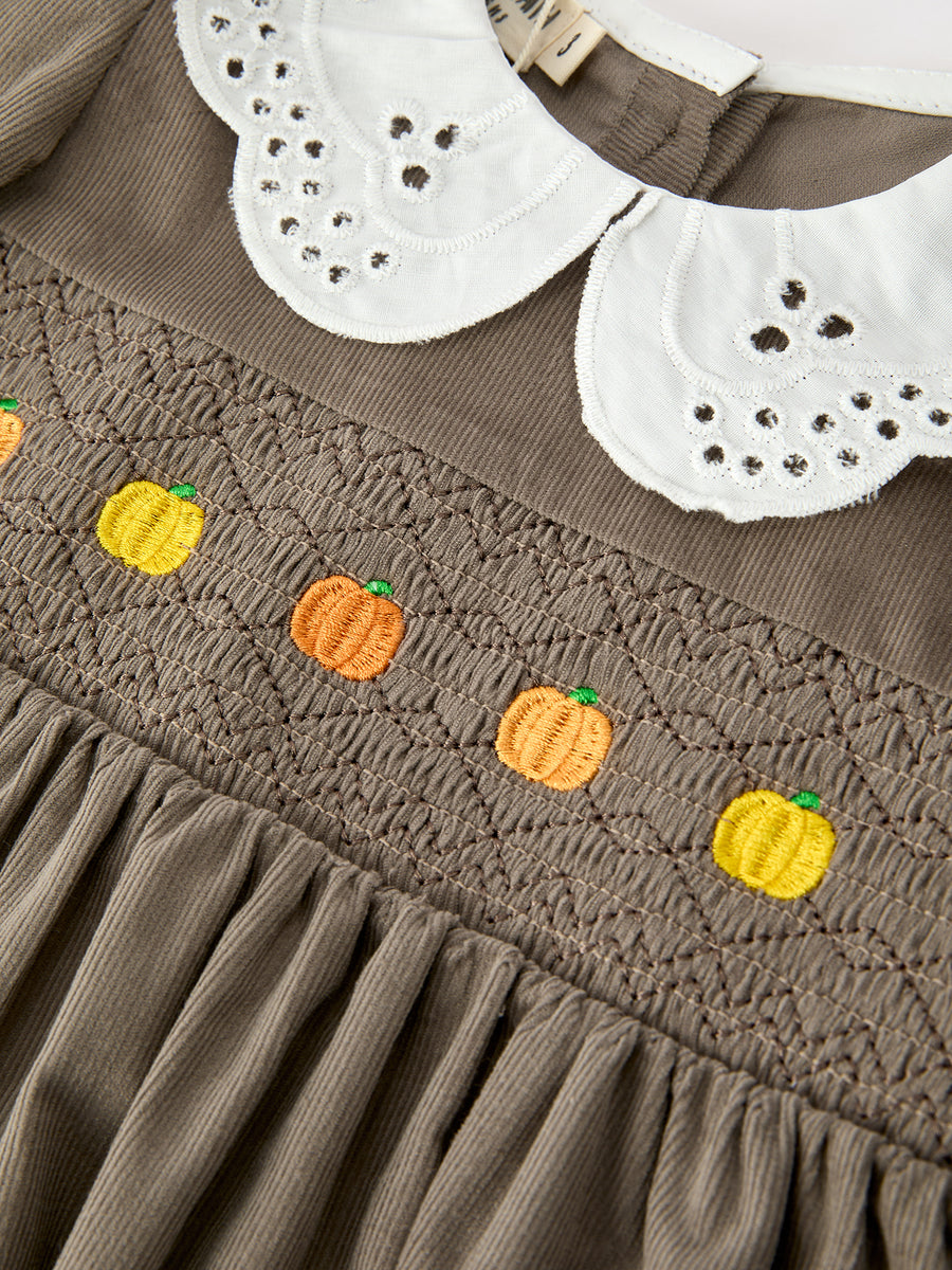 Fall Girls Pumpkin Smocked Eyelet Collar Corduroy Dress