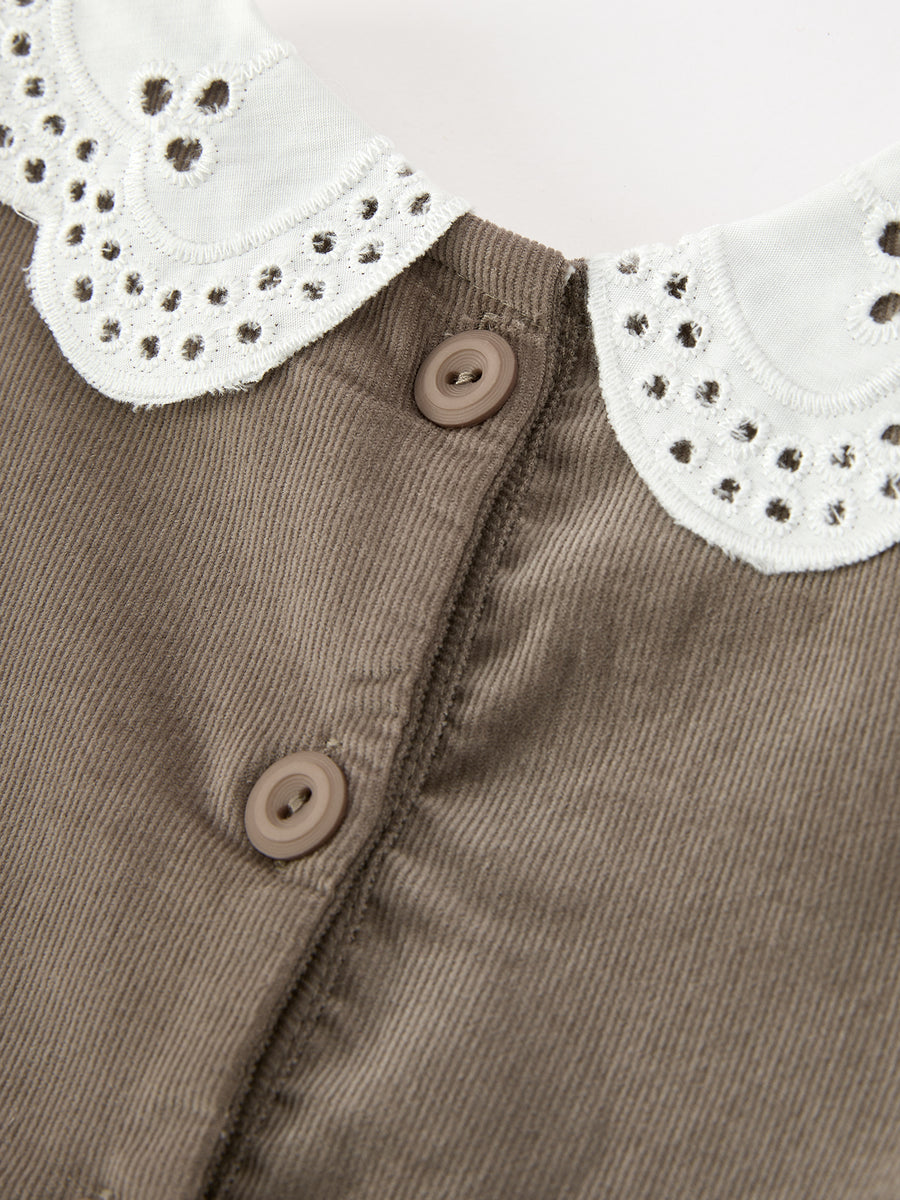 Fall Girls Pumpkin Smocked Eyelet Collar Corduroy Dress