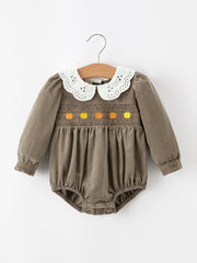 Fall Baby Girls Pumpkin Smocked Eyelet Collar Romper