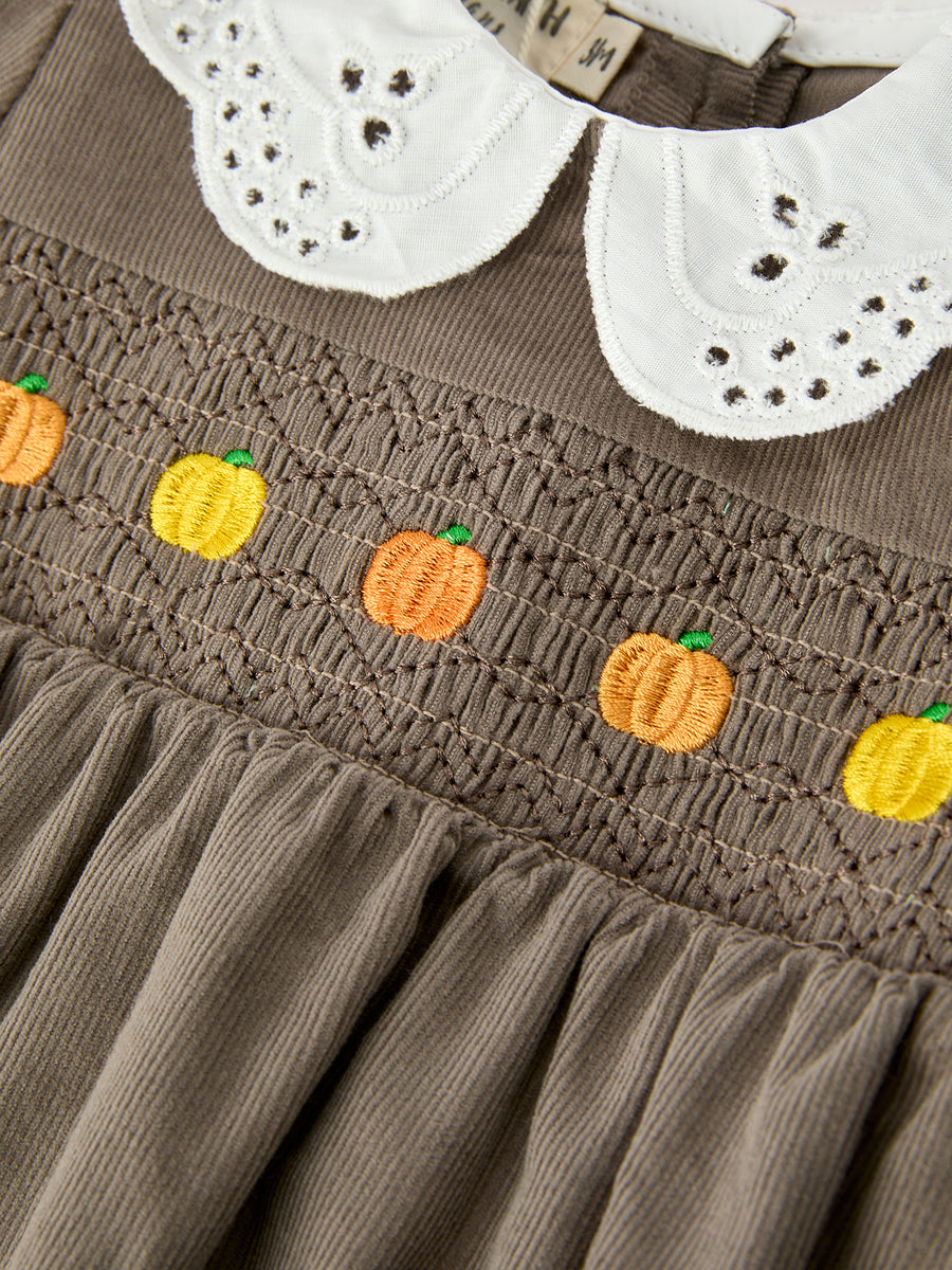 Fall Baby Girls Pumpkin Smocked Eyelet Collar Romper