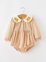 Girls Orange Plaid Floral Collar Bubble Romper