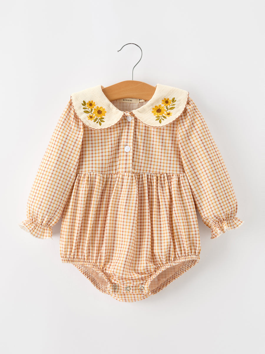 Girls Orange Plaid Floral Collar Bubble Romper