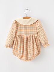 Girls Orange Plaid Floral Collar Bubble Romper
