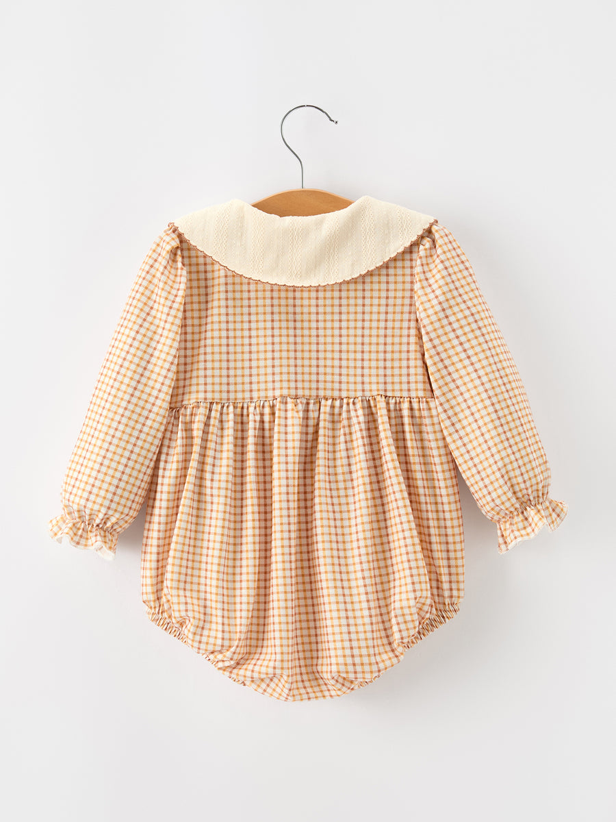 Girls Orange Plaid Floral Collar Bubble Romper