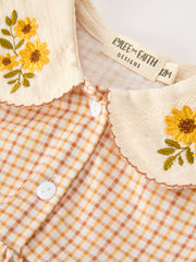 Girls Orange Plaid Floral Collar Bubble Romper