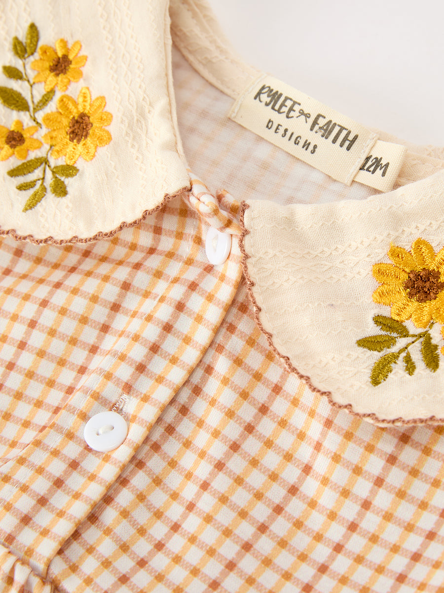 Girls Orange Plaid Floral Collar Bubble Romper