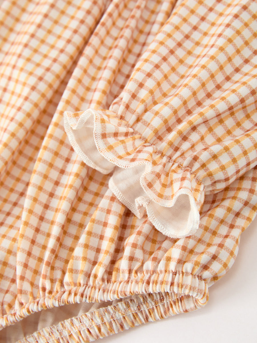 Girls Orange Plaid Floral Collar Bubble Romper