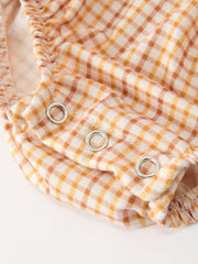Girls Orange Plaid Floral Collar Bubble Romper