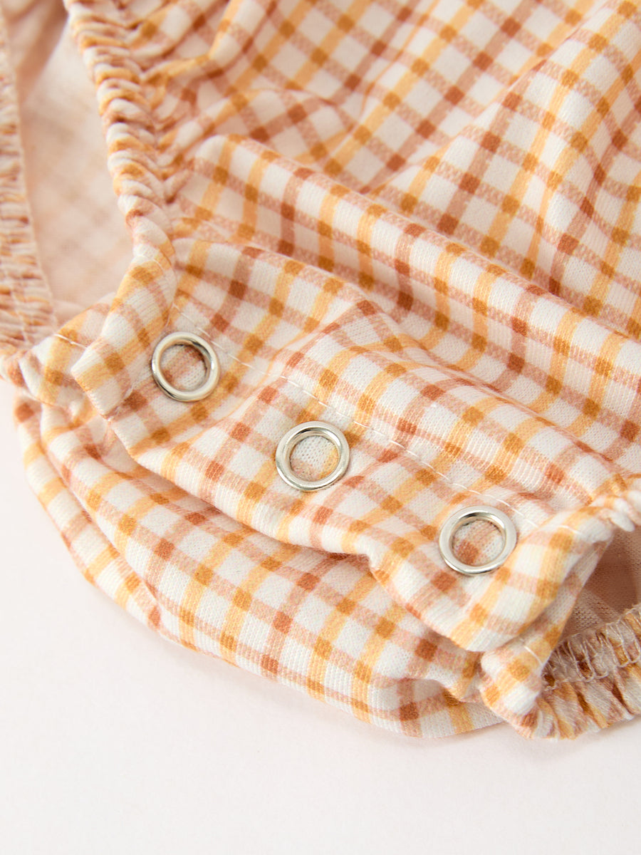 Girls Orange Plaid Floral Collar Bubble Romper