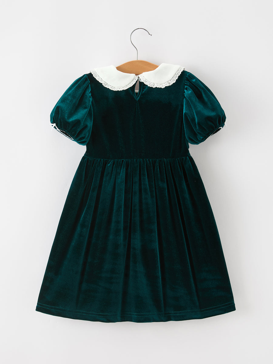 Girls Emerald Green Velvet Lace Collar Christmas Dress