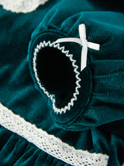 Girls Emerald Green Velvet Lace Collar Christmas Dress