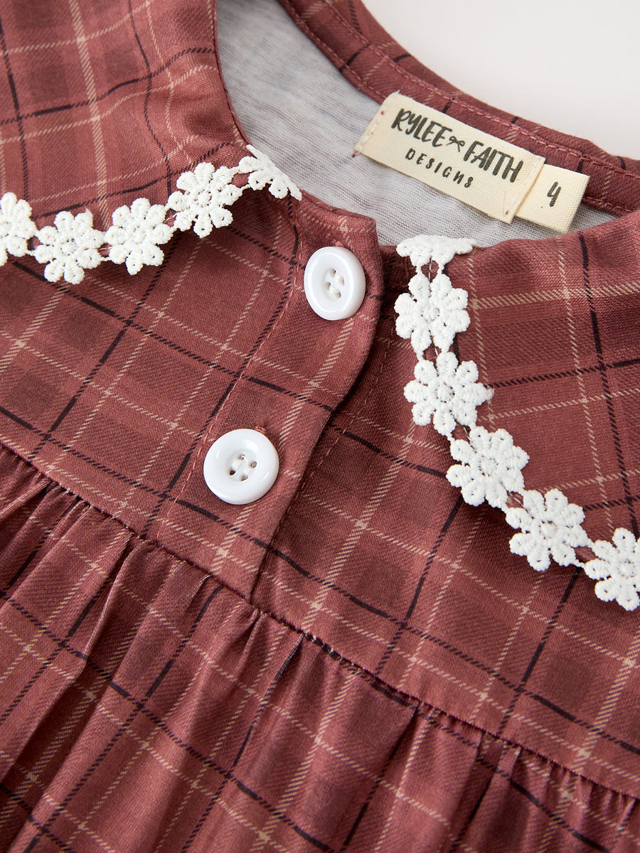Girls Brown Plaid Lace-Trim Peter Pan Collar Dress