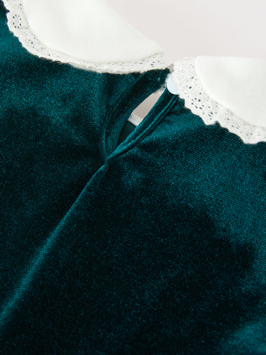 Girls Emerald Green Velvet Lace Collar Christmas Dress