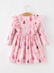 Christmas Tree Print Girls Pink Ruffle Long Sleeve Dress