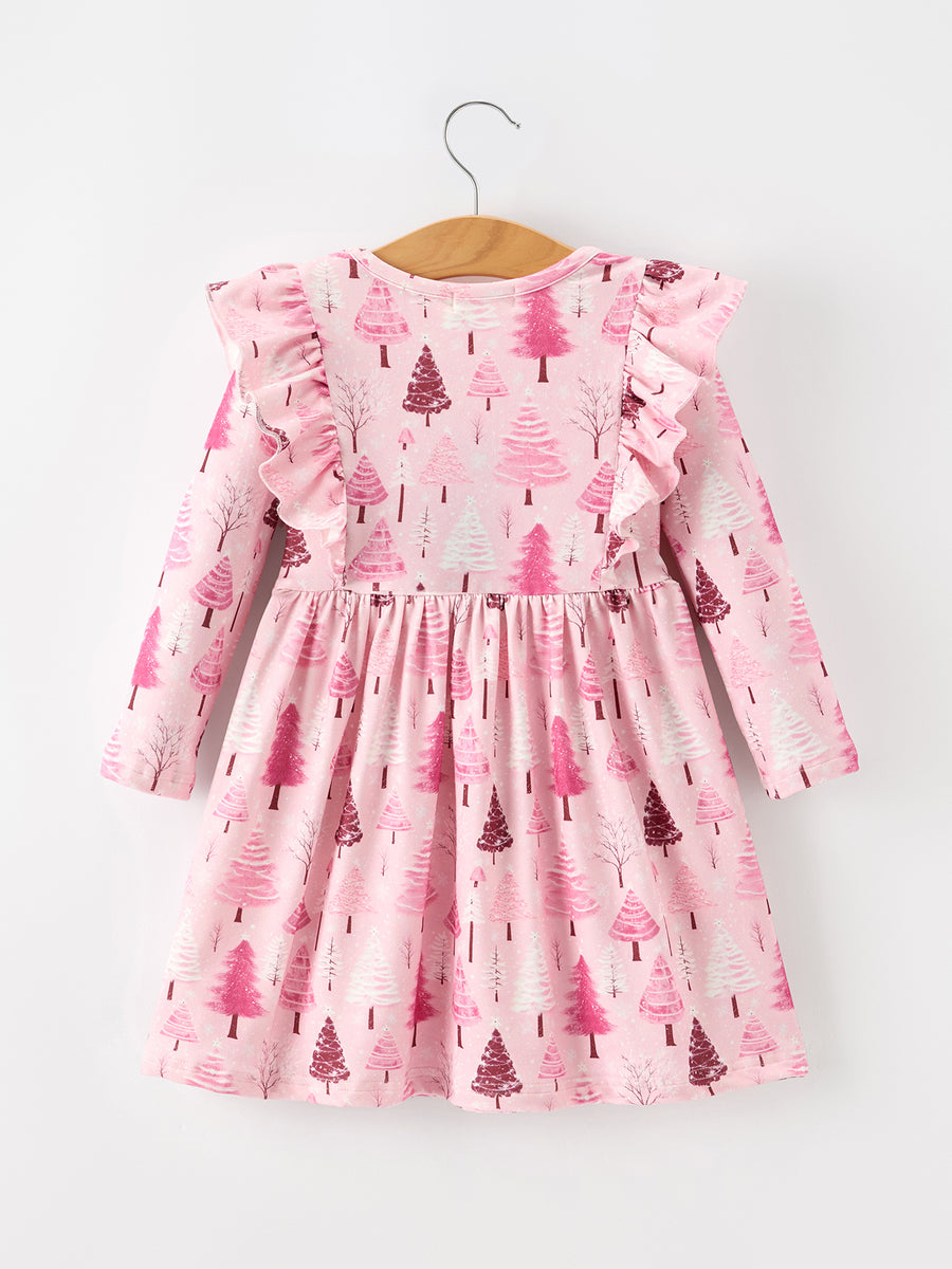 Christmas Tree Print Girls Pink Ruffle Long Sleeve Dress