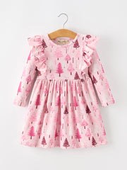 Christmas Tree Print Girls Pink Ruffle Long Sleeve Dress