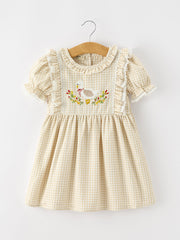 Girls Goose Embroidered Beige Plaid Ruffle Dress