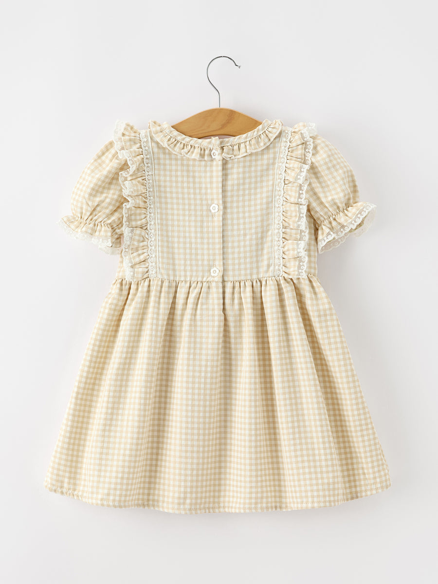 Girls Goose Embroidered Beige Plaid Ruffle Dress