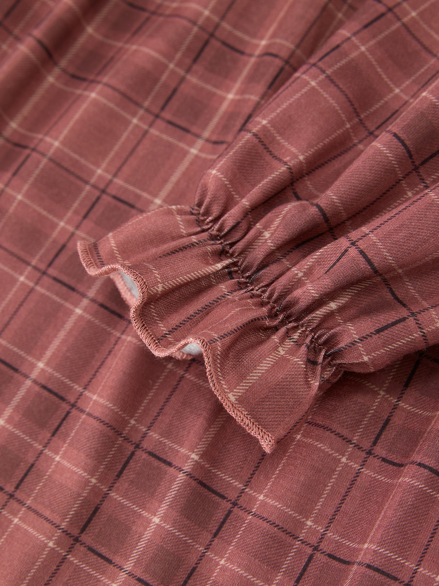 Girls Brown Plaid Lace-Trim Peter Pan Collar Dress