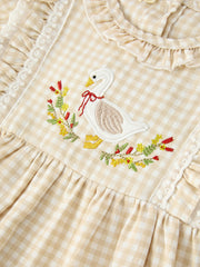 Baby Girls Goose Embroidered Beige Plaid Ruffle Bloomer Set