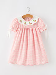 Girls Pink Gingham Duck Embroidered Collar Dress