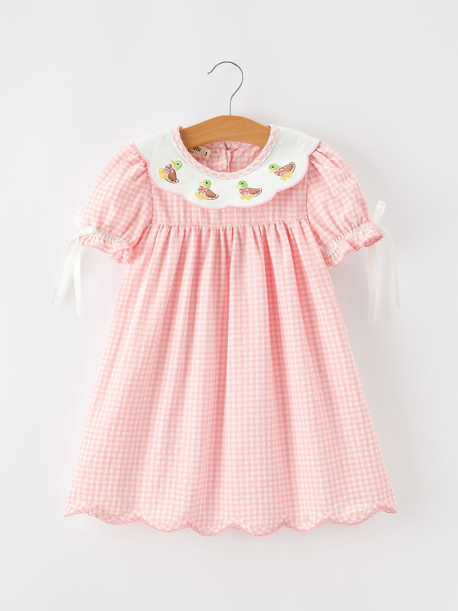 Girls Pink Gingham Duck Embroidered Collar Dress