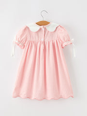 Girls Pink Gingham Duck Embroidered Collar Dress
