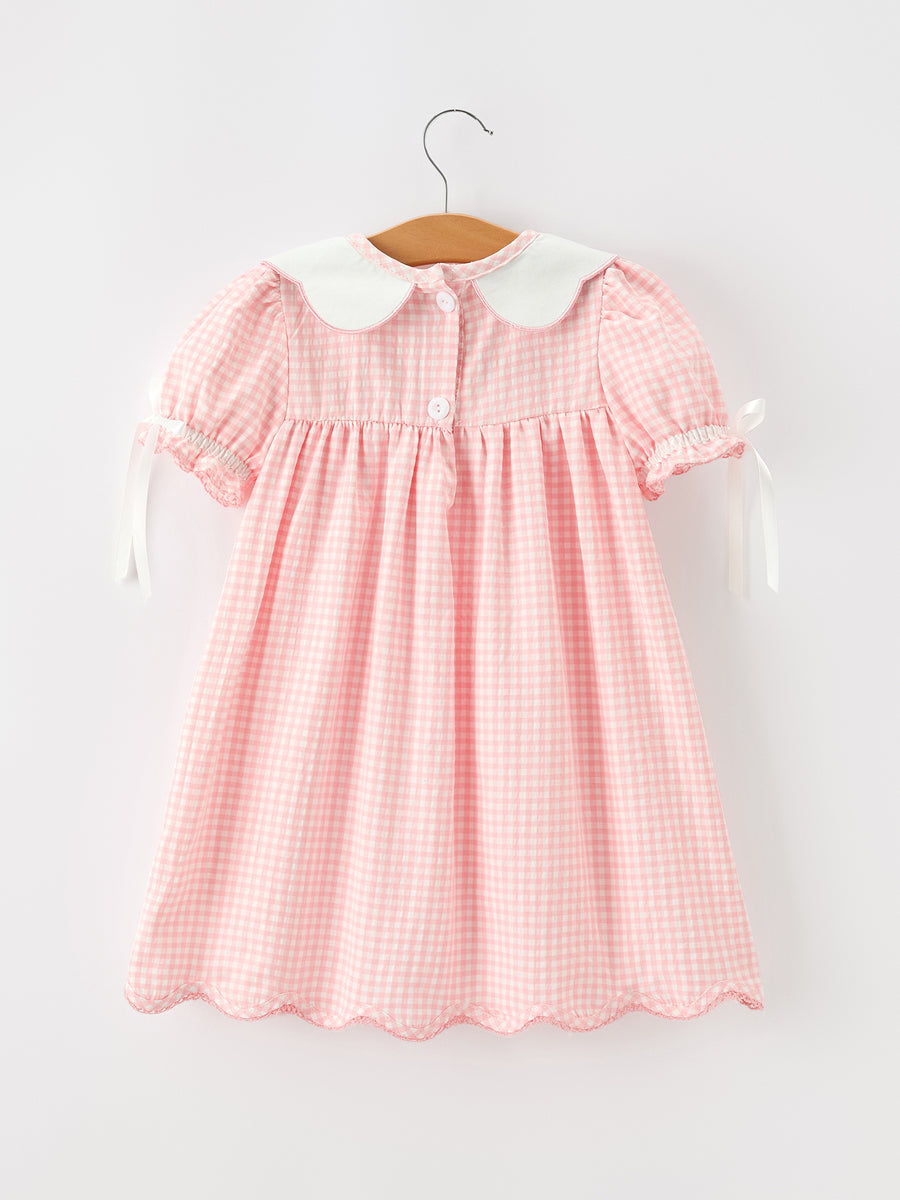 Girls Pink Gingham Duck Embroidered Collar Dress