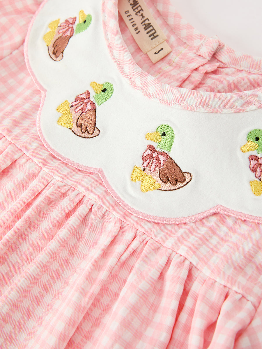 Girls Pink Gingham Duck Embroidered Collar Dress