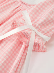 Girls Pink Gingham Duck Embroidered Collar Dress