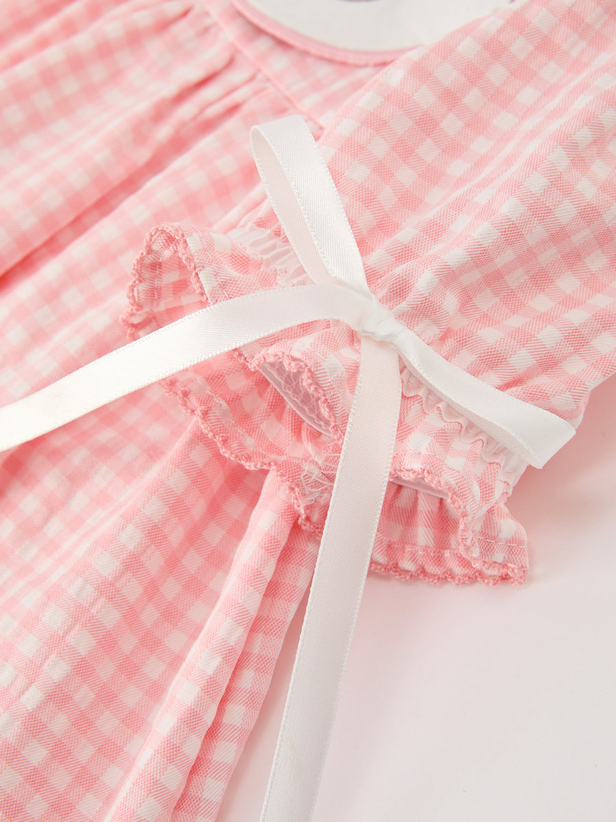 Girls Pink Gingham Duck Embroidered Collar Dress