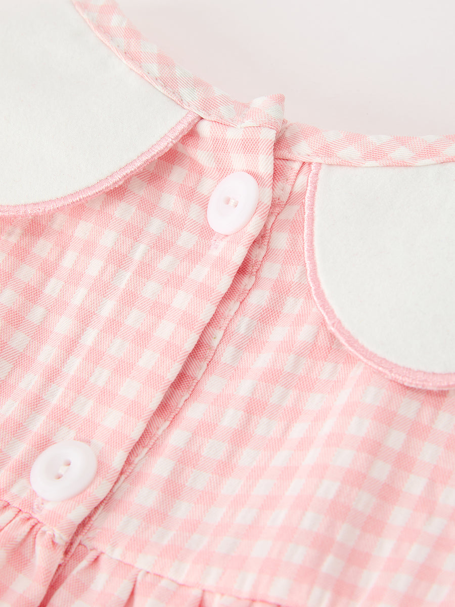 Girls Pink Gingham Duck Embroidered Collar Dress