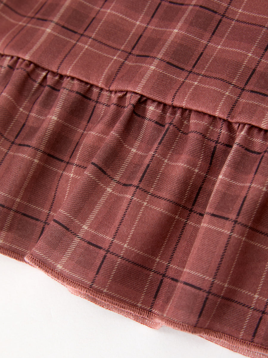Girls Brown Plaid Lace-Trim Peter Pan Collar Dress