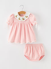 Baby Girls Pink Gingham Duck Embroidered Collar Bloomer Set