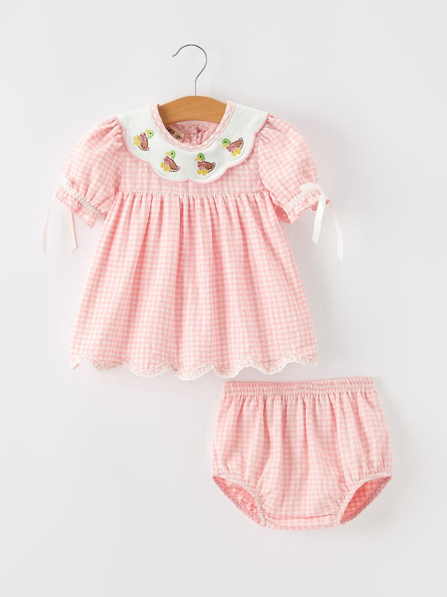 Baby Girls Pink Gingham Duck Embroidered Collar Bloomer Set
