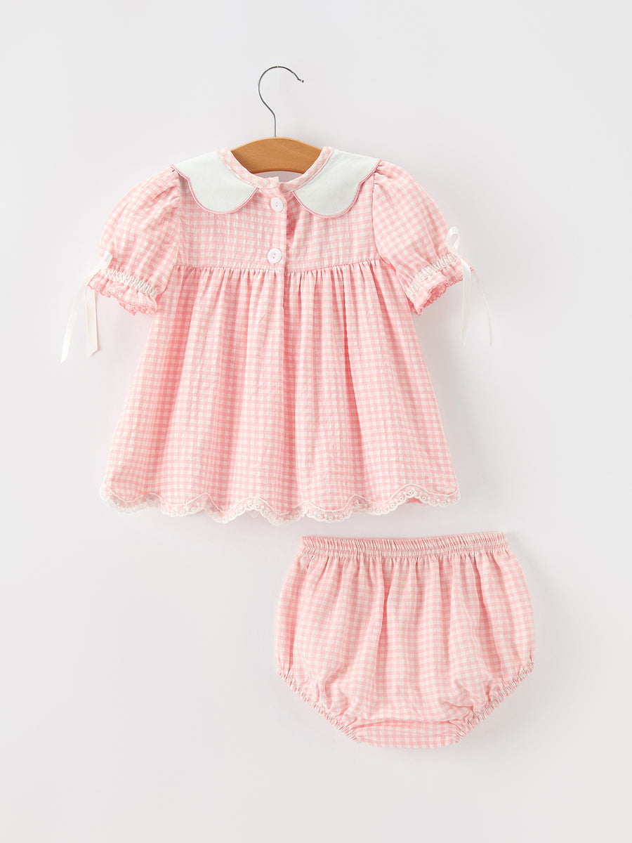 Baby Girls Pink Gingham Duck Embroidered Collar Bloomer Set