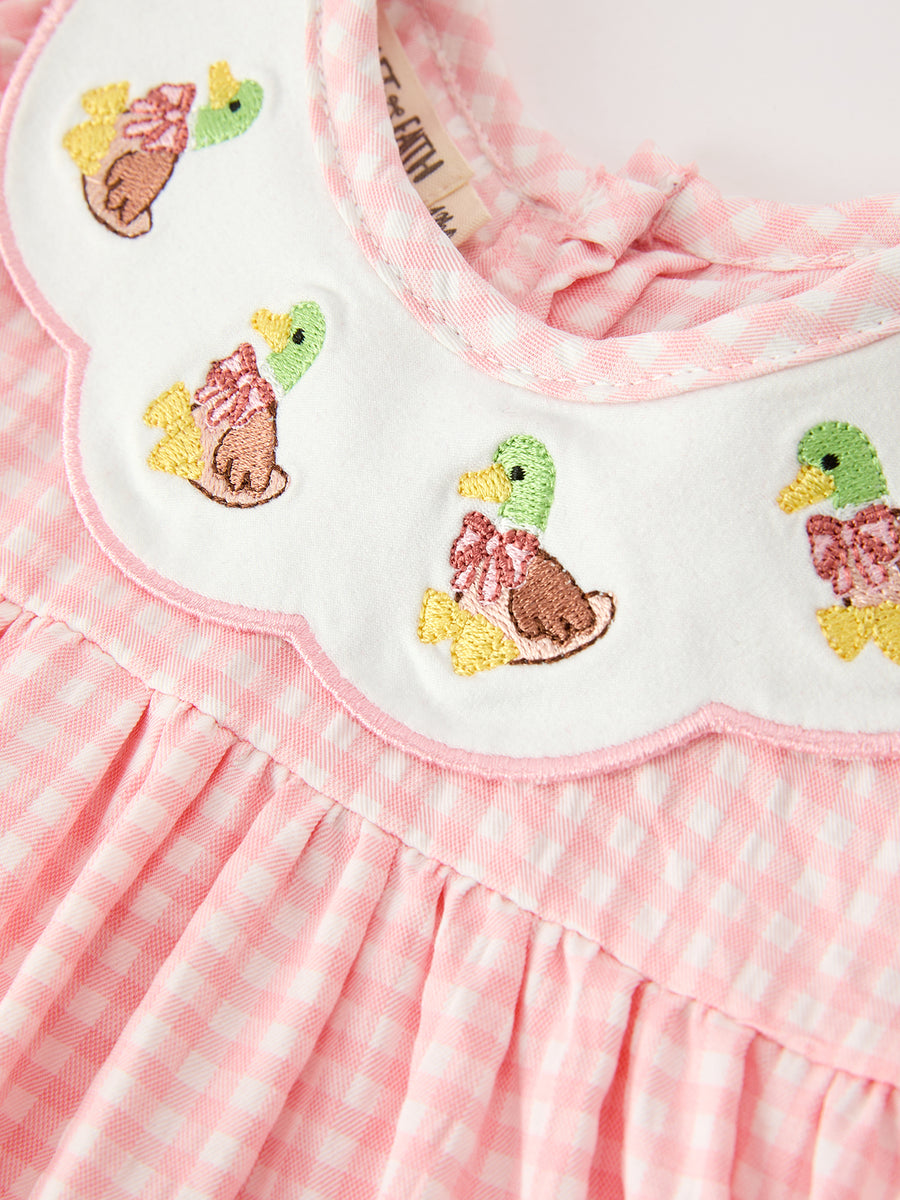 Baby Girls Pink Gingham Duck Embroidered Collar Bloomer Set