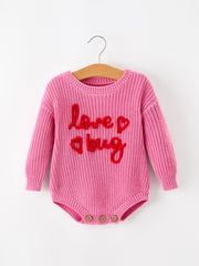 Girls Valentine's Day Pink Love Heart Knit Long Sleeve Romper
