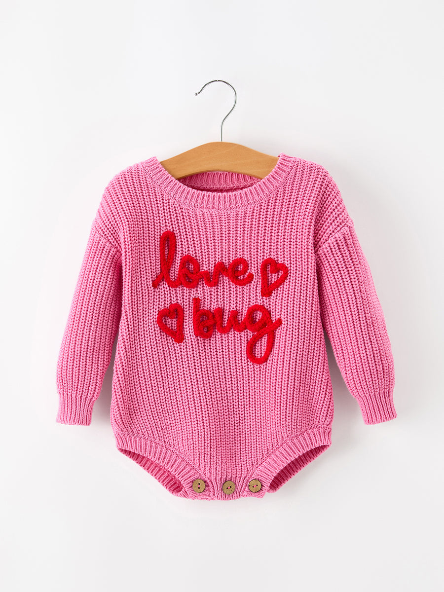 Girls Valentine's Day Pink Love Heart Knit Long Sleeve Romper