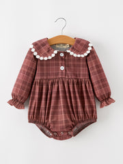 Baby Girls Brown Plaid Floral Lace Collar Romper