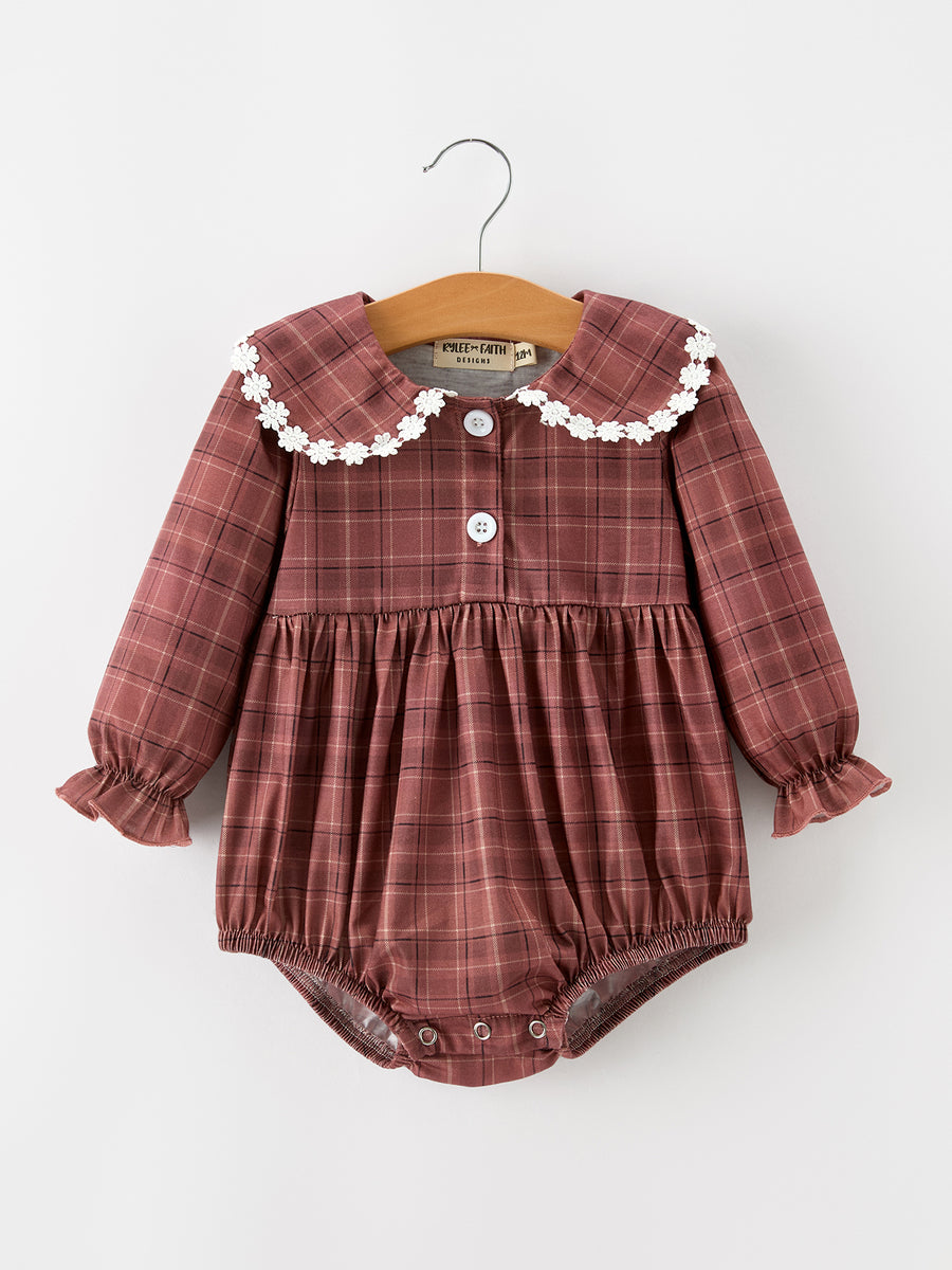 Baby Girls Brown Plaid Floral Lace Collar Romper