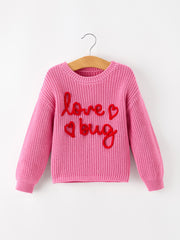 Valentine Girls Pink Heart Script Embroidered Knit Sweater