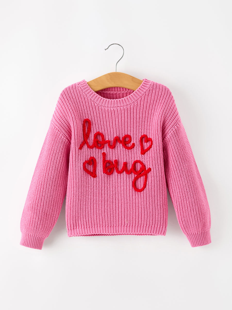 Valentine Girls Pink Heart Script Embroidered Knit Sweater